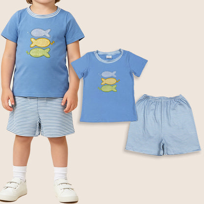 Baby Boy Kids Short Sleeves Embroidery Fish Blue Shirt Strips Shorts Summer Set