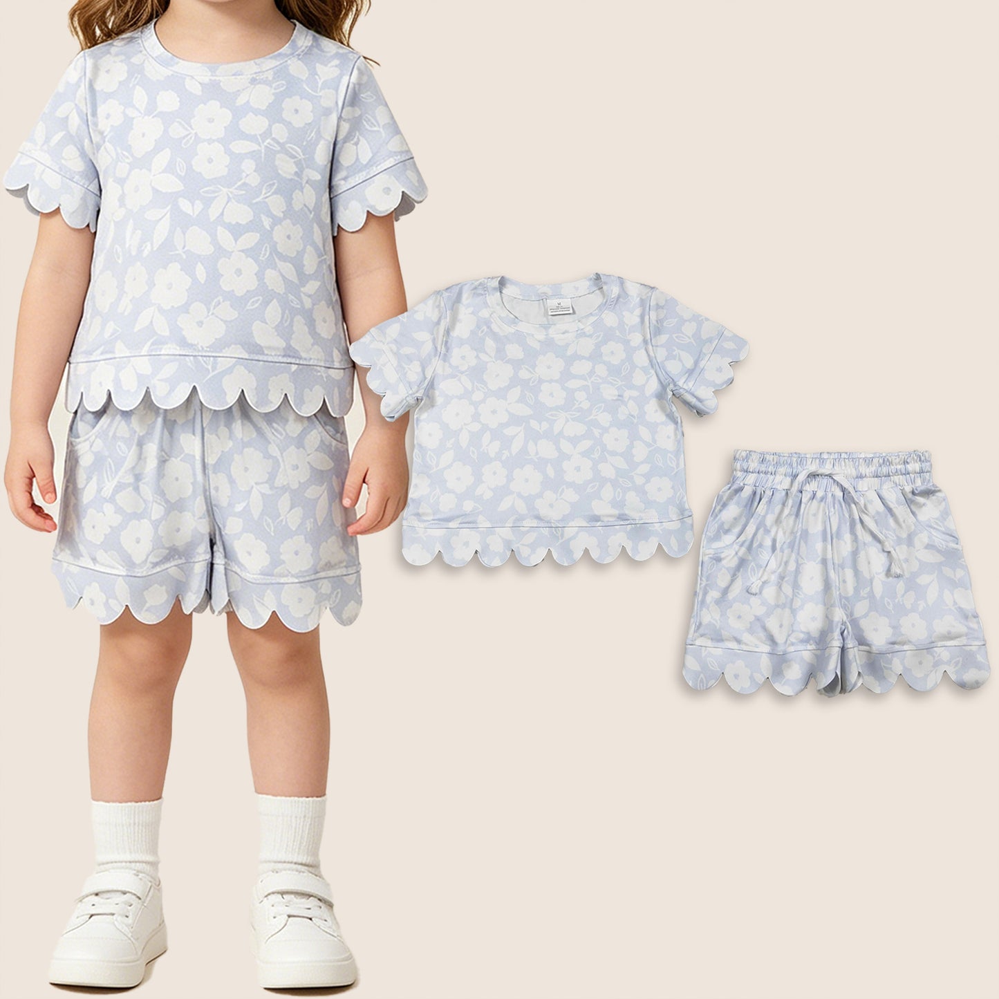 Baby Girls Kids Short Sleeves Flower Shirt Pockets Shorts Set Scallop Clothes RTS