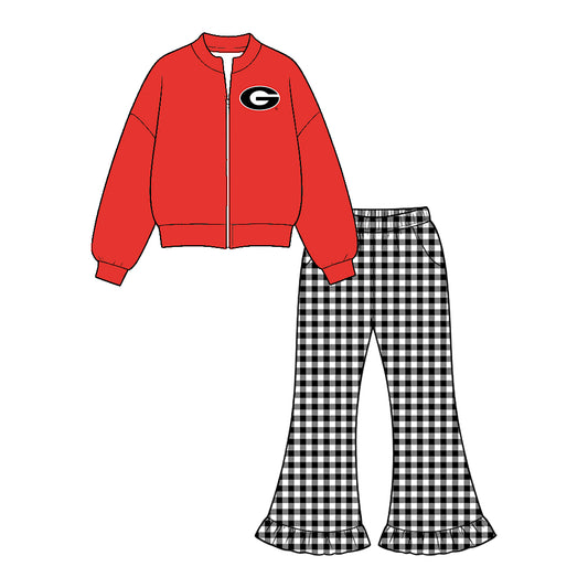 Moq 5 Custom Baby Girls Kids Red Long Sleeves Zipper Tops Plaid Pockets Pants Team Set Clothes