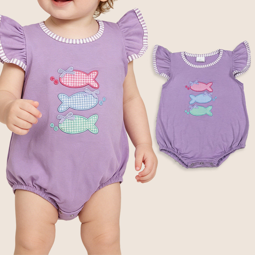 Baby Girls Kids Short Sleeves Embroidery Fish Bows Purple Bubble Romper