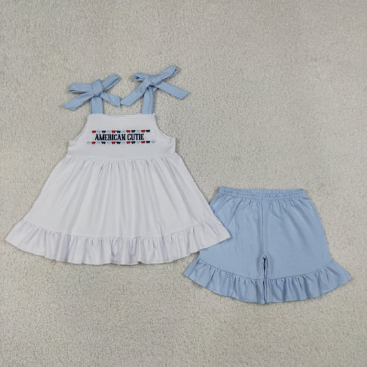 Baby Girls Kids Embroidery American Cutie Tunic Blue Ruffle Shorts 4th of July Set