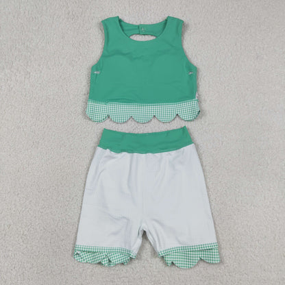 Sibling Baby Girls Kids Green Plaid Bows Skort Yoga Active Dress Set Scallop Clothes