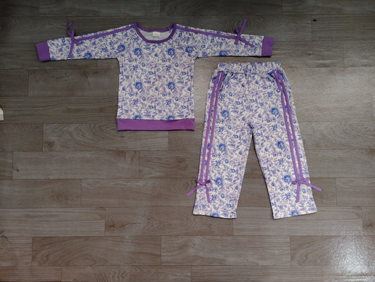 No moq Preorder Baby Girls Kids Flower Purple Bows Shirt Pockets Pants Set Clothes