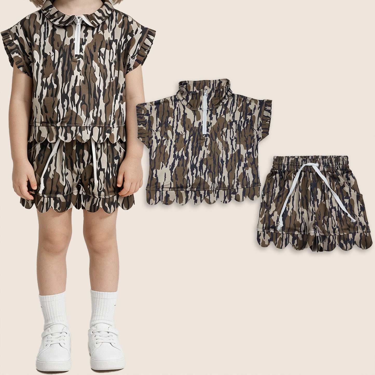 Baby Girls Kids Short Sleeves Olive Camo Zipper Shirt Scallop Shorts Set Clothes RTS
