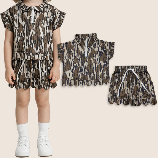 Baby Girls Kids Short Sleeves Olive Camo Zipper Shirt Scallop Shorts Set Clothes RTS