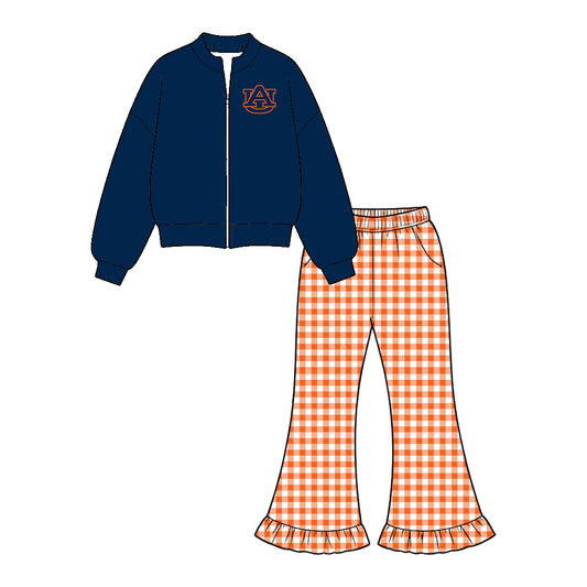 Moq 5 Custom Baby Girls Kids Navy Long Sleeves Zipper Tops Plaid Pockets Pants Team Set Clothes
