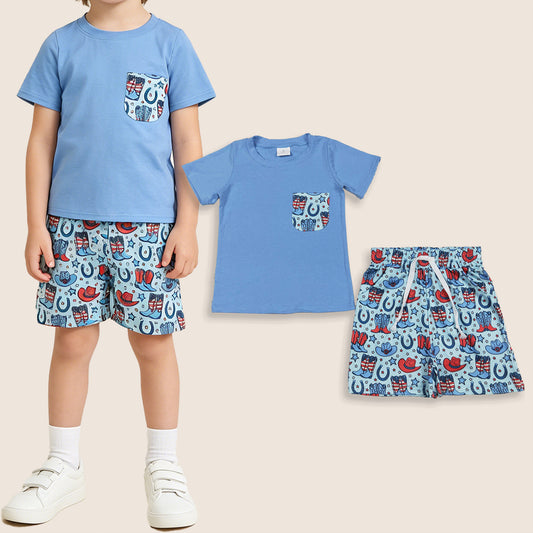 Baby Boys Short Sleeves Blue Shirt Hats Boots Stars Pockets Shorts 4th of July Western Set