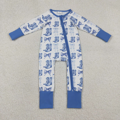 Baby Girl Long Sleeves Blue Bows Boots Western Zipper Pajamas Romper