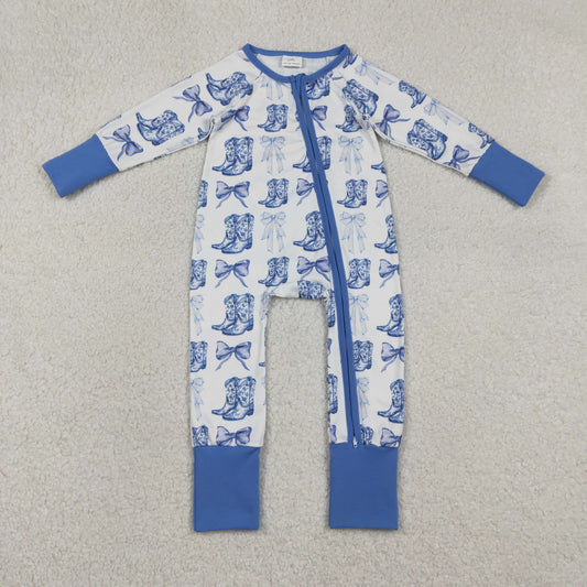 Baby Girl Long Sleeves Blue Bows Boots Western Zipper Pajamas Romper