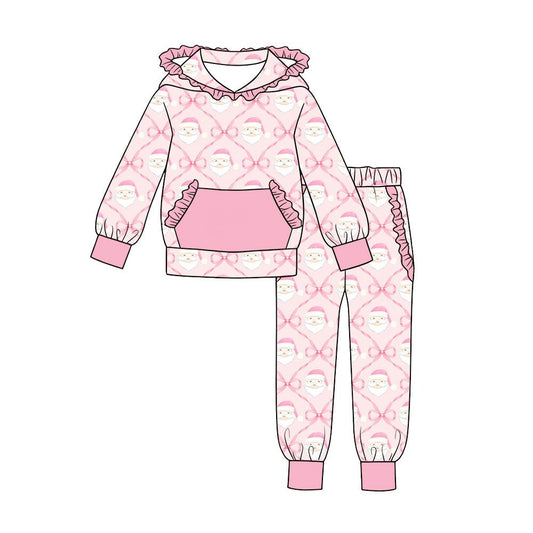 Moq 5 Preorder Baby Girls Kids Christmas Santa Pink Bows Hoodie Pullover Ruffle Pockets Pants Set Clothes