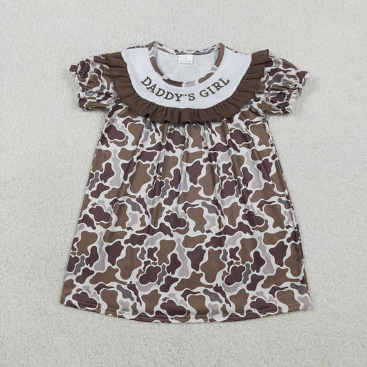 RTS Baby Girls Kids Short Sleeves Embroidery Smocked Daddy's Girl Brown Camo Dress