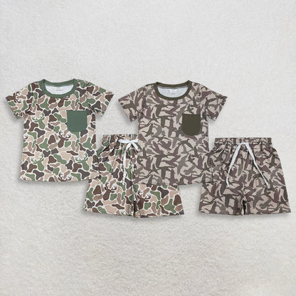 RTS Sibling Baby Boys Kids Short Sleeves Ducks Deer Camo Shirts Pockets Shorts Hunting Sets
