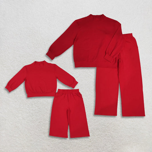 Sibling Baby Girls Adult Women Long Sleeves Red Shirts Pockets Pants Cotton Sets