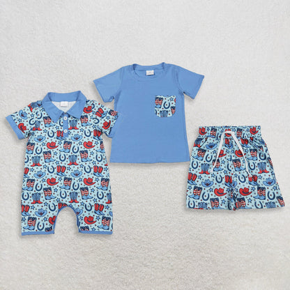 Sibling Baby Boys Kids Short Sleeves Hats Boots Stars 4th of July Western Blue Romper Set Clothes