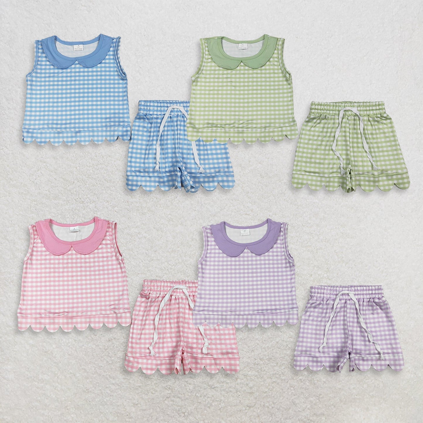 Sibling Baby Girls Kids Sleeveless Scallop Shirts Pockets Shorts Plaid Sets Clothes