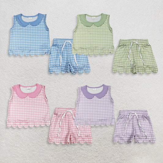 Sibling Baby Girls Kids Sleeveless Scallop Shirts Pockets Shorts Plaid Sets Clothes