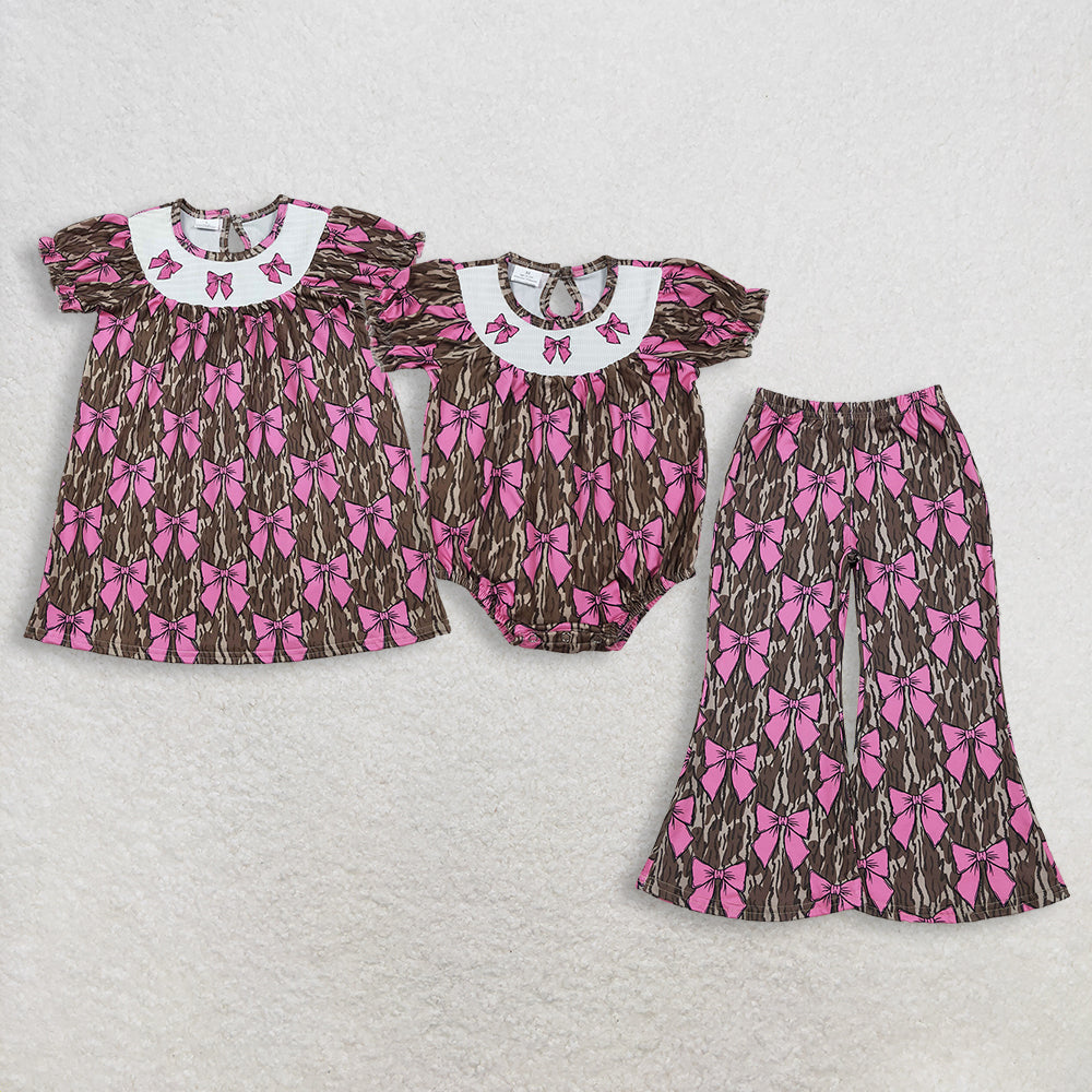 RTS Sibling Baby Girls Kids Embroidery Bows Southern Camo Smocked Dress Romper Pants