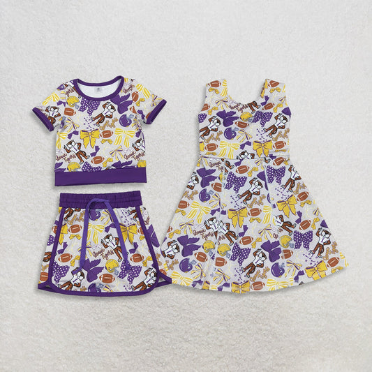 Sibling Baby Girls Toddler Tigers Bows Football Team Shirt Shorts Yoga Purple Set Dress