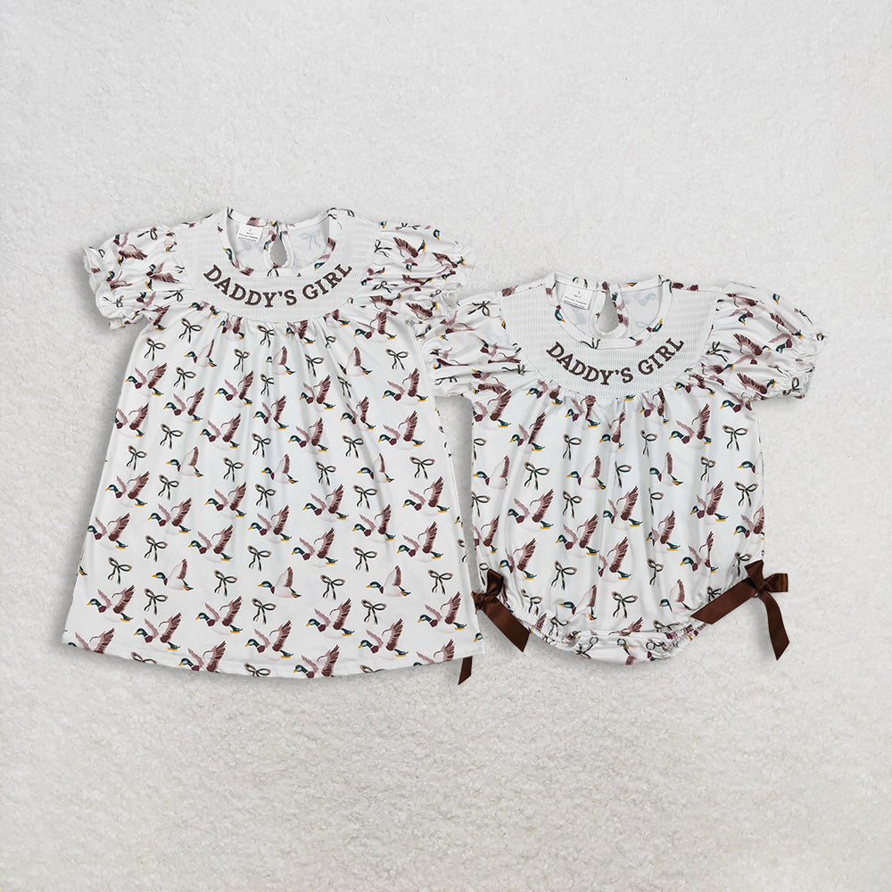 Sibling Baby Girls Kids Short Sleeves Embroidery Daddy's Girl Ducks Smocked Romper Dress