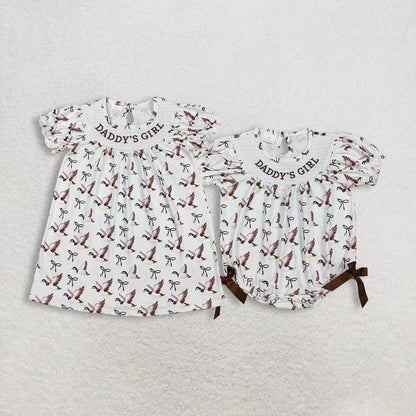 Sibling Baby Girls Kids Short Sleeves Embroidery Daddy's Girl Ducks Smocked Romper Dress
