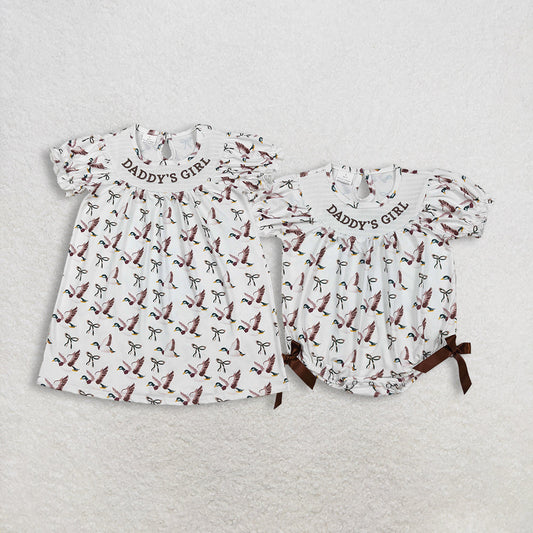 Sibling Baby Girls Kids Short Sleeves Embroidery Daddy's Girl Ducks Smocked Romper Dress