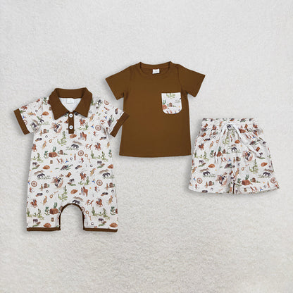 RTS Sibling Baby Boys Kids Short Sleeves Shirt Western Rodeo Cactus Pockets Shorts Set Romper