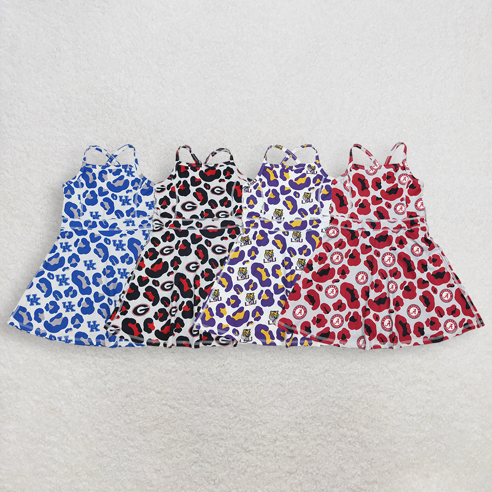 RTS Sibling Baby Girl Kids Sleeveless Leopard Team Knee Length Yoga Active Dresses