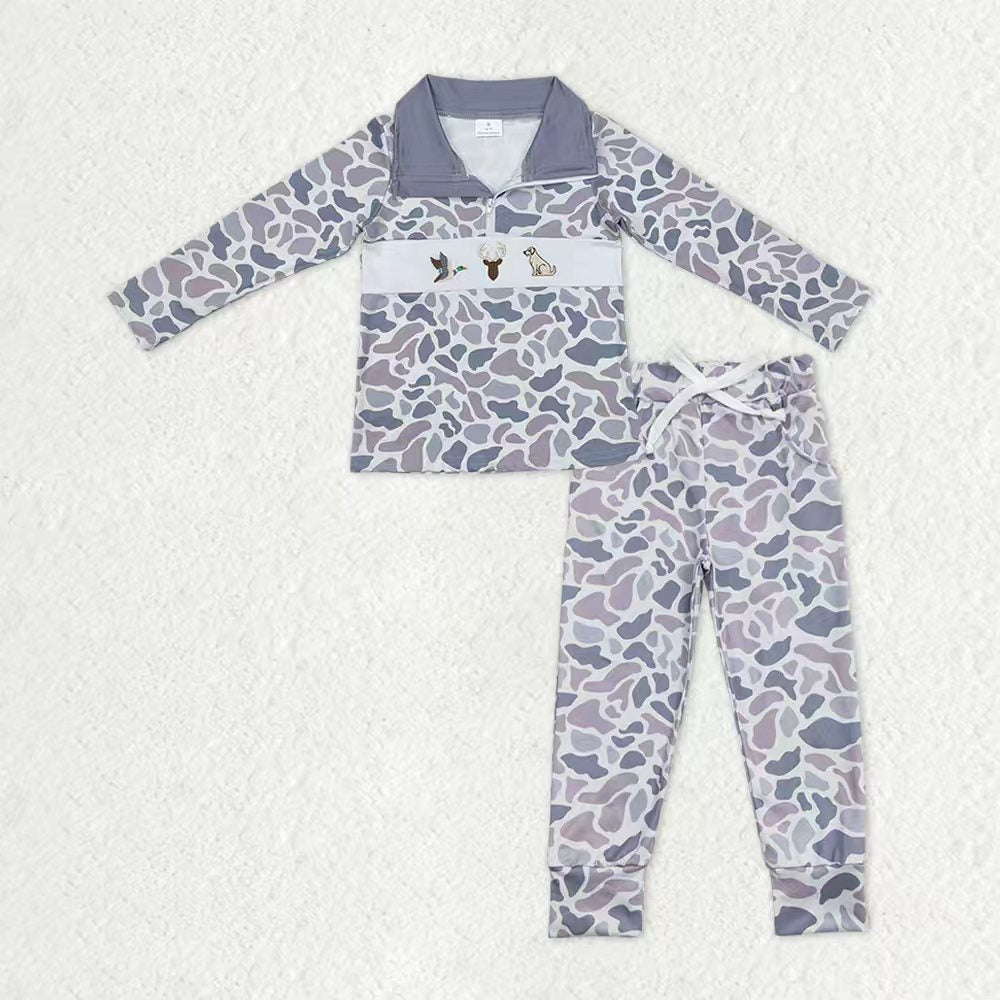 Baby Boys Embroidery Dogs Ducks Deer Shirt Pockets Pants Grey Camo Hunting Clothes Set