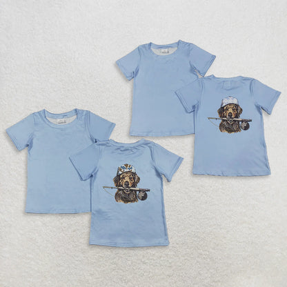 Sibling Baby Boys Kids Short Sleeves Dog Fishing Blue Shirts Tops