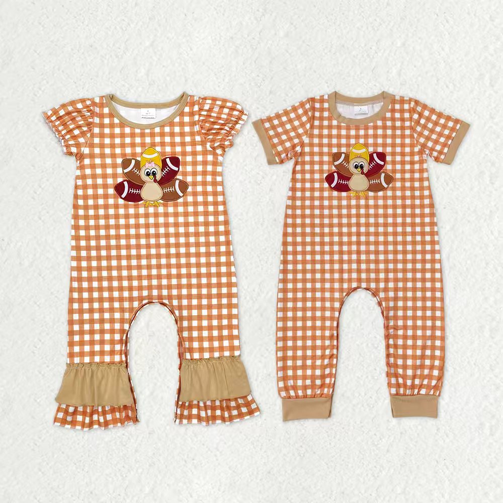 Sibling Baby Boys Girls Embroidery turkey Football Thanksgiving Rompers
