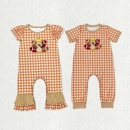 Sibling Baby Boys Girls Embroidery turkey Football Thanksgiving Rompers