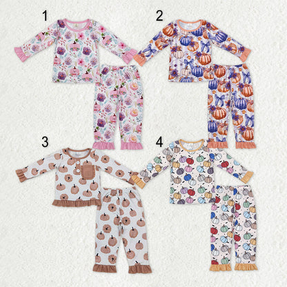 Sibling Baby Girls Long Sleeves Pumpkins Shirt Ruffle Pants Fall Bamboo Pajamas Sets