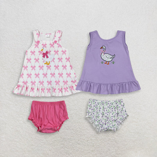 Sibling Baby Girls Toddler Sleeveless Embroidery Goose Bows Tops Bummie Shorts Sets