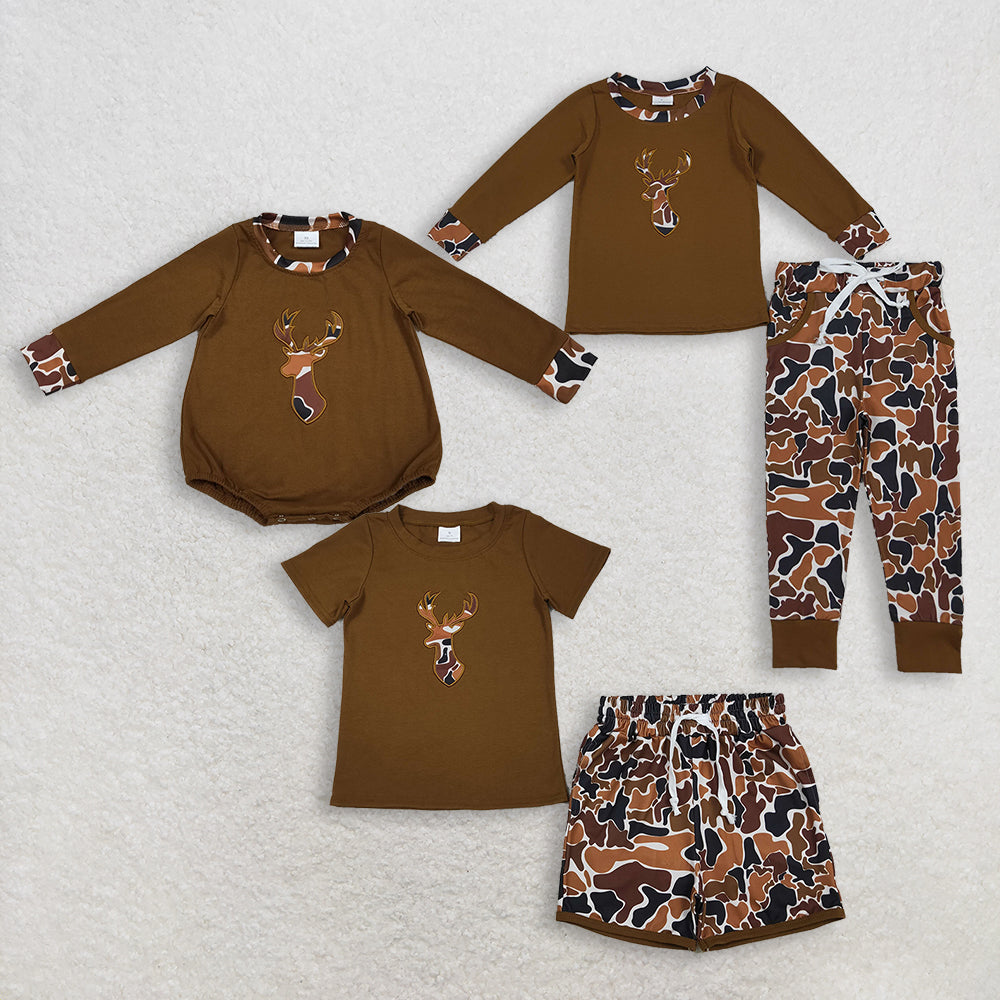RTS Sibling Sibling Baby Boys Kids Embroidery Deer Camo Hunting Brown Romper Sets