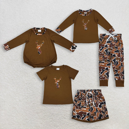 RTS Sibling Sibling Baby Boys Kids Embroidery Deer Camo Hunting Brown Romper Sets