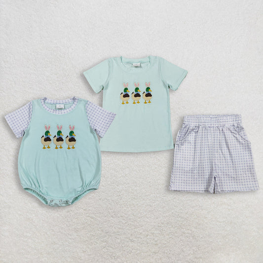 RTS Sibling Baby Boys Kids Short Sleeves Embroidery Ducks Rabbits Shirt Shorts Easter Set Romper