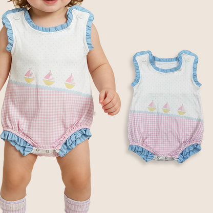 RTS Baby Girls Infant Sleeveless Boats Pink Plaid Dots Bubble Romper