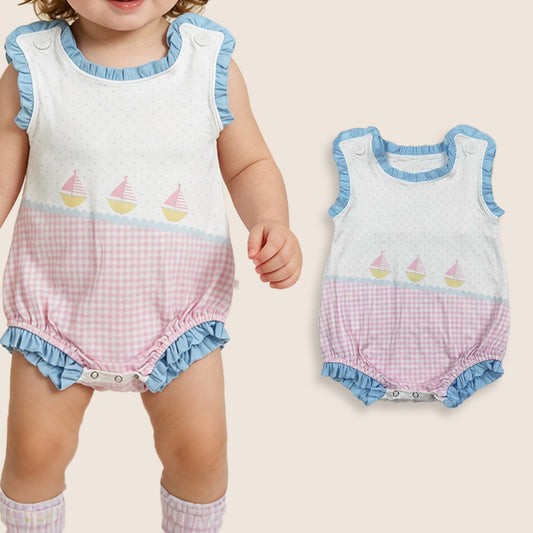 RTS Baby Girls Infant Sleeveless Boats Pink Plaid Dots Bubble Romper