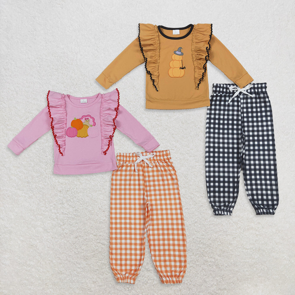 Sibling Baby Girls Long Sleeves Embroidery turkey Pumpkins Shirt Plaid Pants Set