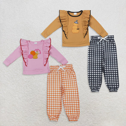 Sibling Baby Girls Long Sleeves Embroidery turkey Pumpkins Shirt Plaid Pants Set