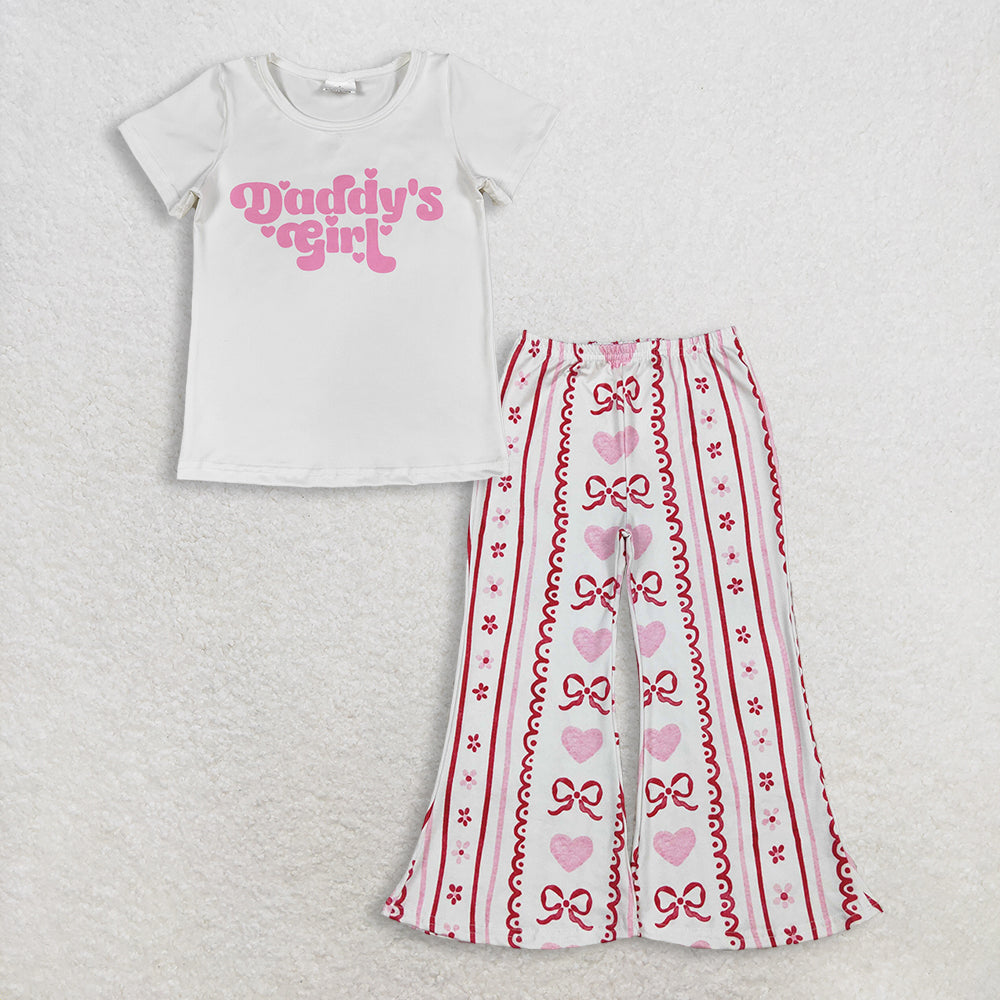 RTS Baby Girl Kids Short Sleeves Daddy's Shirt Hearts Bows Pants Set Clothes