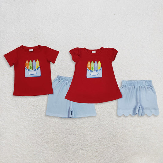 Sibling Baby Boys Girls Kids Embroidery Pencil Red Tops Shorts Back to School Sets
