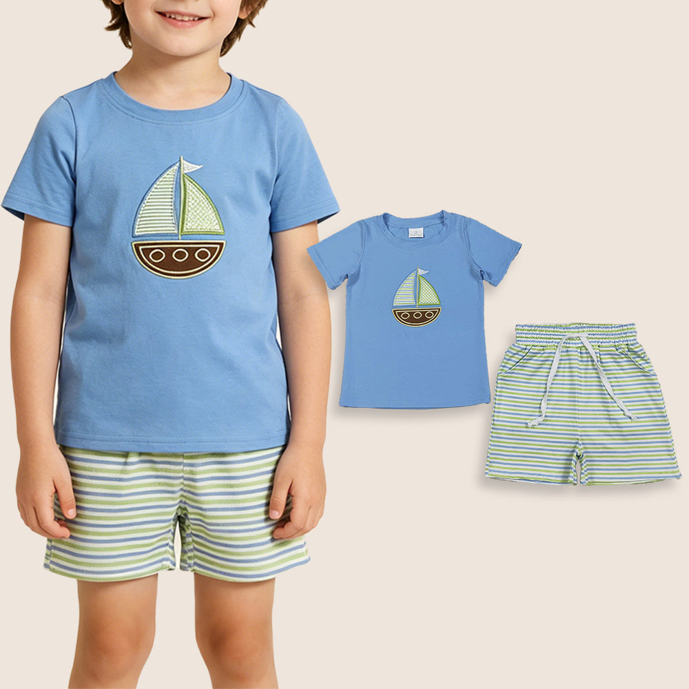 Baby Boys Short Sleeves Embroidery Boat Blue Shirt Stripes Pockets Shorts Set