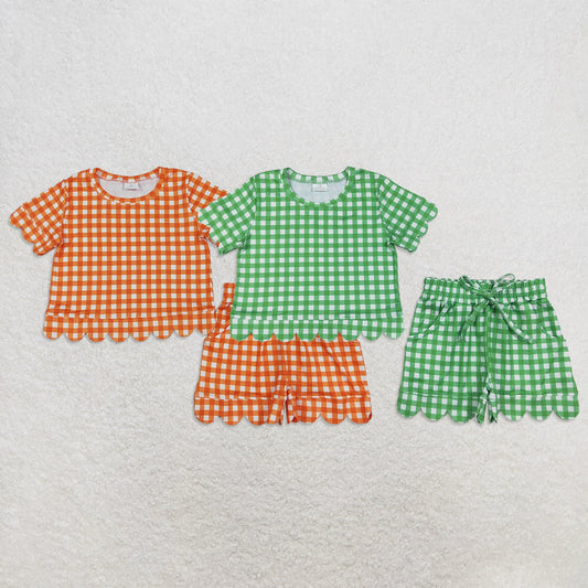 Sibling Baby Girls Kids Short Sleeves Plaid Shirts Scallop Shorts Sets Clothes