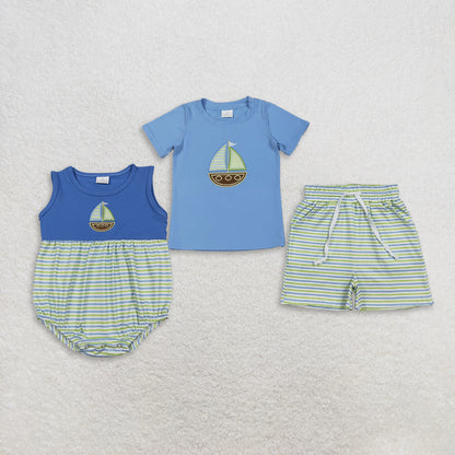 Sibling Baby Boys Kids Embroidery Boat Shirt Stripes Shorts Set Romper Summer Clothes