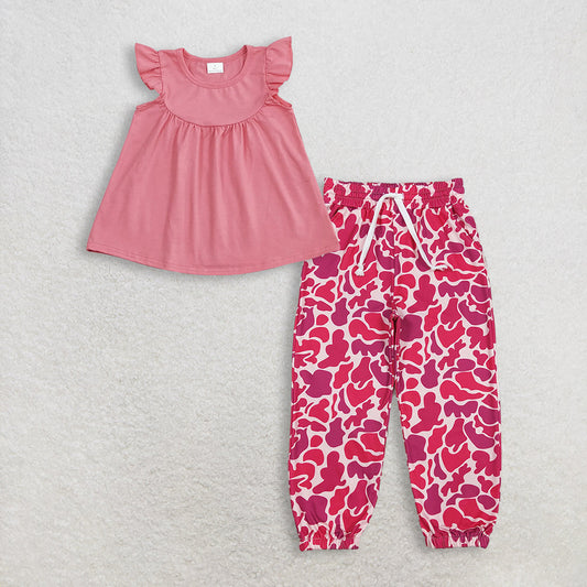 RTS Baby Girl Kids Short Sleeves Cotton Tops Pink Camo Pockets Pants Set Clothes