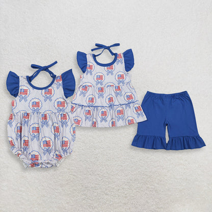 Sibling Baby Girls Kids Bows Flags Tops Blue Shorts Set Romper 4th of July Clothes