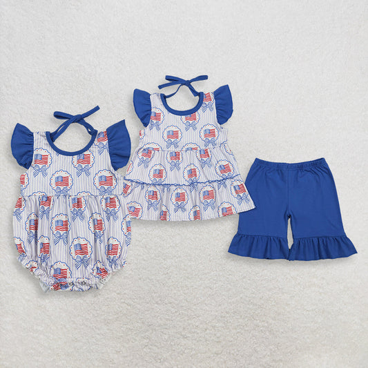 Sibling Baby Girls Kids Bows Flags Tops Blue Shorts Set Romper 4th of July Clothes