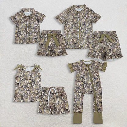 RTS Sibling Baby Girls Adult Women Short Sleeves Camo Bows Romper Dress Pajamas Sets