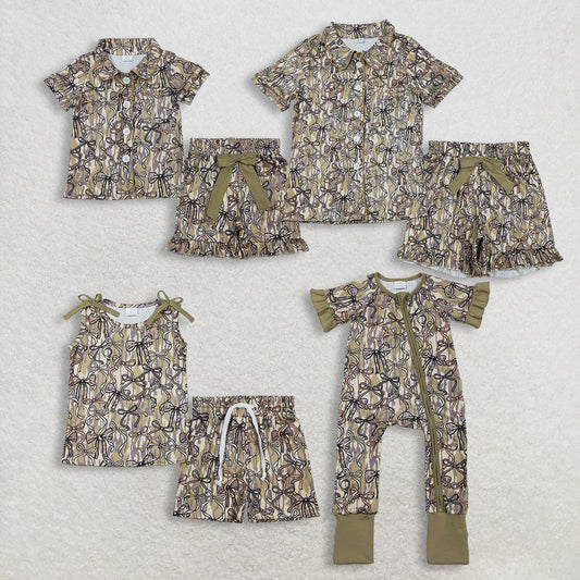 RTS Sibling Baby Girls Adult Women Short Sleeves Camo Bows Romper Dress Pajamas Sets